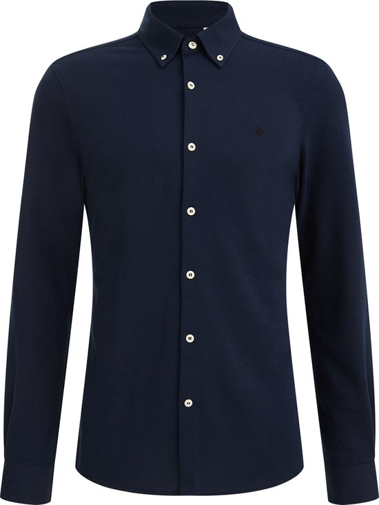 Donkerblauw piqué pinstripe overhemd met knoopjes, deels zichtbaar geborduurd logo.