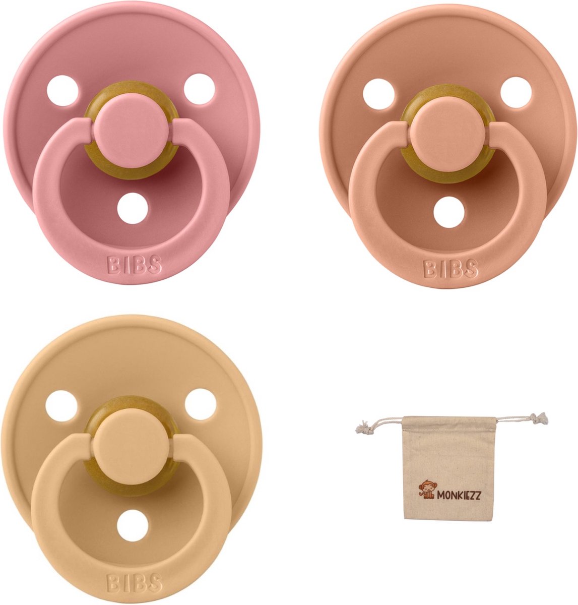 Goedkoopste Bibs fopspeen - maat 2 6-18 maanden - 3 stuks – Dusty Pink - Peach - Desert Sand Monkiezz speenzakje