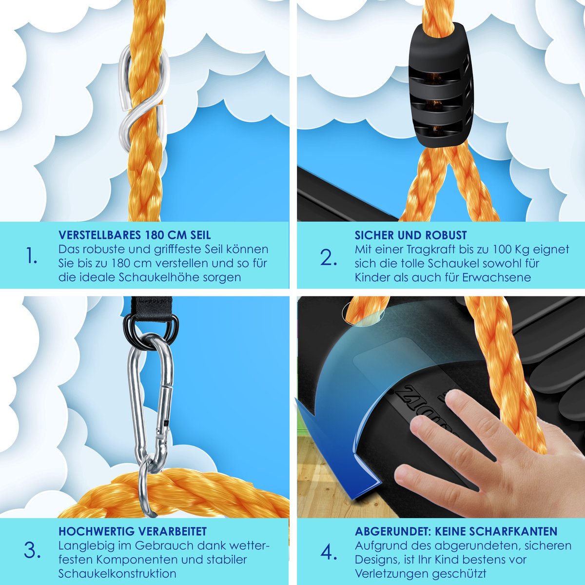 KIDIZ® Schommel Kinderschommel Set - Incl. Accessoires Schommelzitje PP-Touwen Schommelplank Tuin Buiten Binnenschommel voor kinderen om op te schommelen Plastic Hoogte Verstelbaar Antislip - Zwart — afbeelding 4