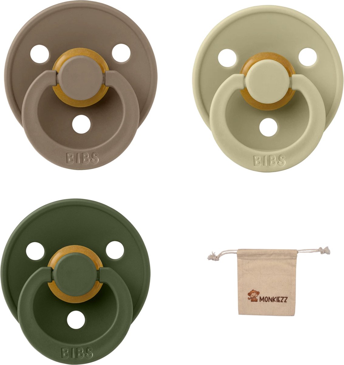 Goedkoopste Bibs fopspeen - maat 2 6-18 maanden - 3 stuks – Dark Oak – Khaki – Hunter Green Monkiezz speenzakje