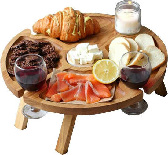 Exnemel Buiten wijntafel, houten opvouwbare picknicktafel met glazen houder, 2 in 1 opvouwbare picknicktafel, voor tuinwachtrij en kamperen, strand, buiten diner (30x16cm)
