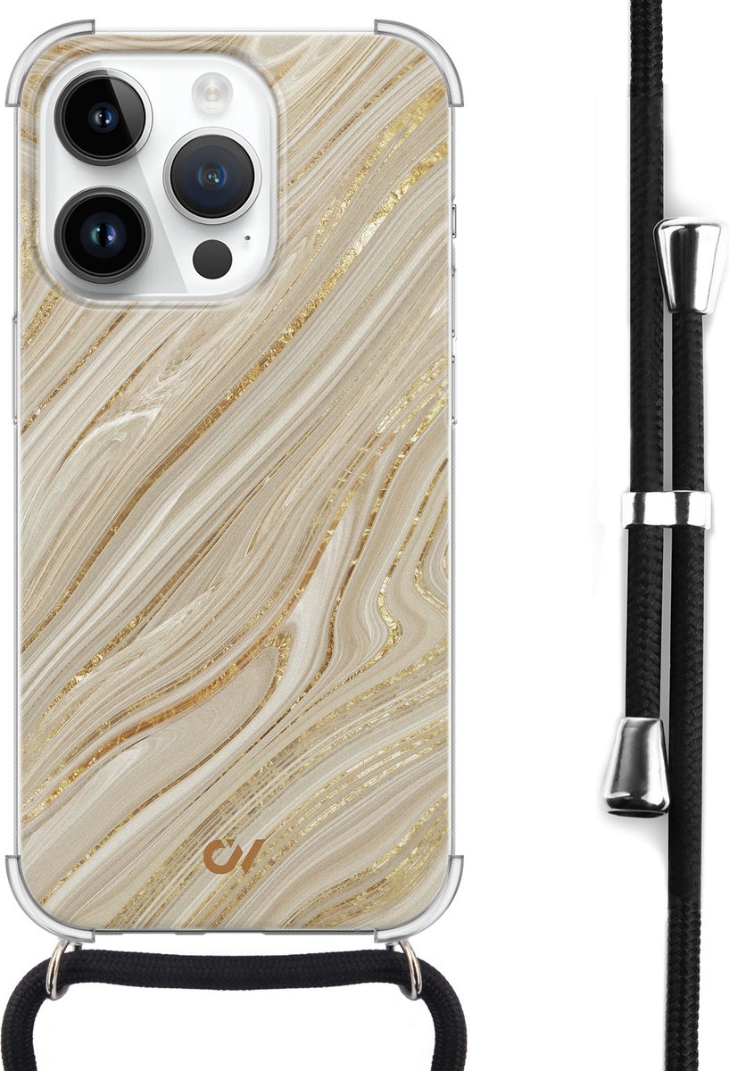 Casevibes - Telefoonhoesje met koord - Geschikt voor Apple iPhone 14 Pro - Golden Marble - Goud - Marmer