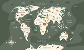 Fotobehang The World Map With Cartoon Animals For Kids, Nature, Discovery And Continent Name, Ocean Name. Children's Map Design For Wallpaper, Kids Room, Wall Art - Vliesbehang - 400 x 280 cm