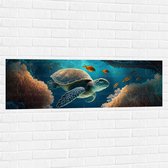 Muursticker - Cartoon van Zeeschildpad Zwemmend in Grotten op Zeebodem - 120x40 cm Foto op Muursticker