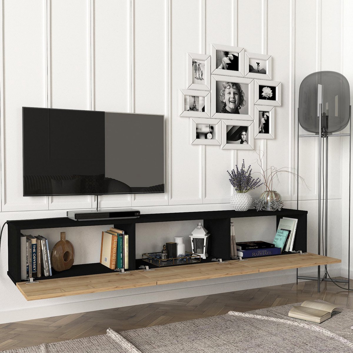 en.casa Tv-meubel Vihti zwevend 180x31x29,5 cm zwart en eiken