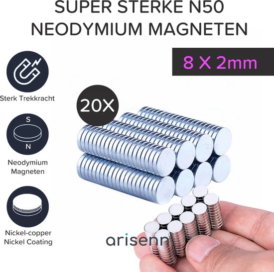 20 pièces Arisenn® N50 Aimant Néodyme 8x2mm - L'aimant le plus
