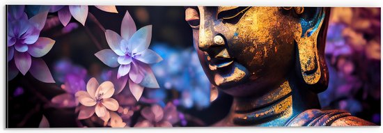 Dibond - Boeddha voor Struik vol Paarse Lelies - 60x20 cm Foto op Aluminium (Wanddecoratie van metaal)