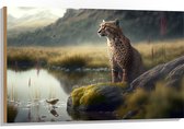 Hout - Cheetah op Rots langs Rivier door Natuurgebied - 105x70 cm - 9 mm dik - Foto op Hout (Met Ophangsysteem)