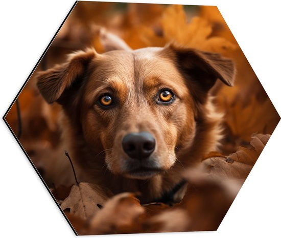 Dibond Hexagon - Hond Liggend tussen de Bladeren in de Herfst - 50x43.5 cm Foto op Hexagon (Met Ophangsysteem)