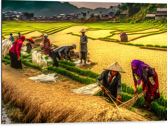 Dibond - Aziatische Mensen aan het Werk in het Landschap - 80x60 cm Foto op Aluminium (Met Ophangsysteem)