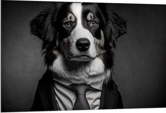 Dibond - Berner Sennen Hond in Zakelijk Pak met Stropdas (Zwart- wit) - 120x80 cm Foto op Aluminium (Wanddecoratie van metaal)