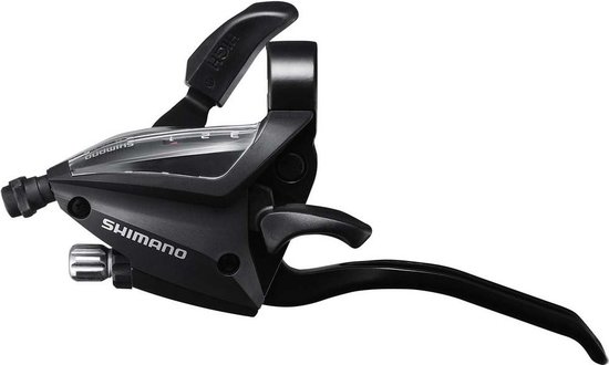 Zwarte Shimano shifter met 8 versnellingen en V-brake remhendel.