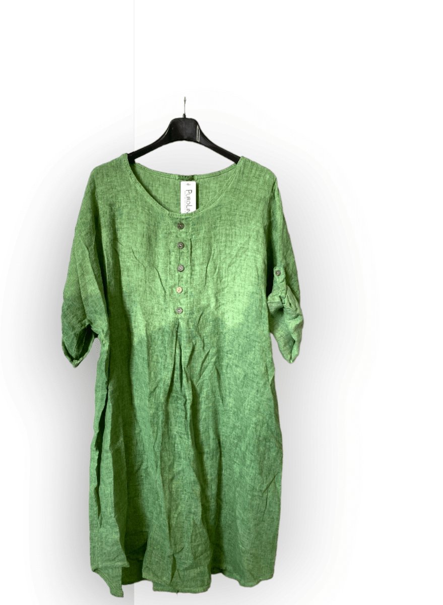 Mooi 100% linnen jurk met korte mouwen en knoppen voorkant - GROEN kleur - maat 44/46