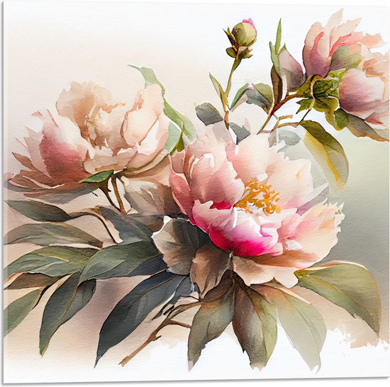 Acrylglas - Aquarel Tekening van Roze Bloemenboeket - 50x50 cm Foto op Acrylglas (Wanddecoratie op Acrylaat)