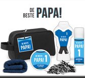 Geschenkset "De beste papa" - 5 Producten - 851 Gram | Toilettas zwart - Giftset man - Vader Verjaardag Vaderdag - Cadeau Set - Sterkste - Winnaar - Eerste plaats - Allerbeste Topper - Douchegel - Deodorant - Styling gel pakket - Nummer 1 - Blauw