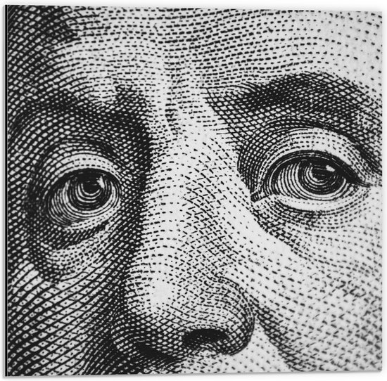 Dibond - Close-up van Benjamin Franklin op Biljet - 50x50 cm Foto op Aluminium (Met Ophangsysteem)