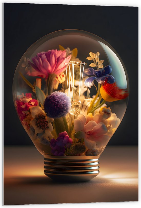 PVC Schuimplaat- Bloemboeket Groeiend in Lichtgevende Lamp - 60x90 cm Foto op PVC Schuimplaat