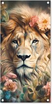 Tuinposter Leeuw - Leeuwenkop - Wilde dieren - Bloemen - 40x80 cm - Wanddecoratie Buiten - Tuinposter - Tuindoek - Schuttingposter - Tuinschilderij