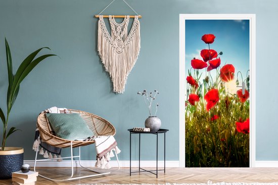 Sticker pour porte Coquelicots - Toscane - Soleil - Rouge - Blauw - 75x205 cm - Affiche de porte