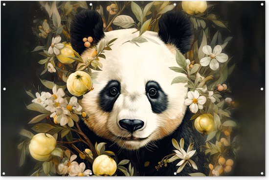 Muurdecoratie Panda - Pandabeer - Wilde dieren - Natuur - Bloemen - 180x120 cm - Tuinposter - Tuindoek - Buitenposter