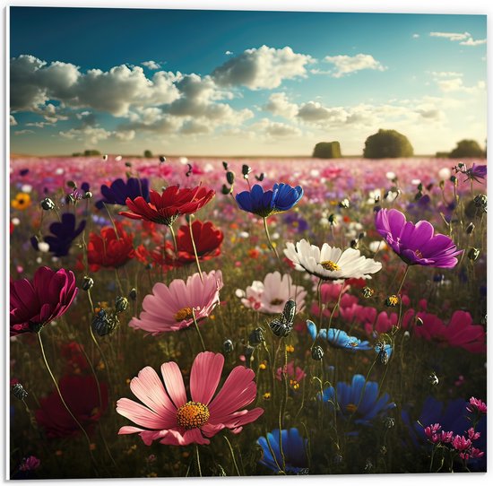 PVC Schuimplaat- Schapenwolken boven Veld Vol met Bloemen in Verschillende Kleuren - 50x50 cm Foto op PVC Schuimplaat