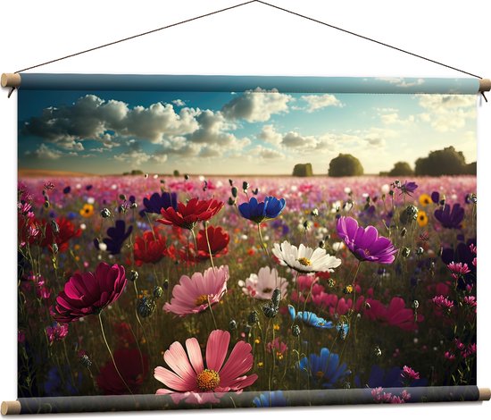 Textielposter - Schapenwolken boven Veld Vol met Bloemen in Verschillende Kleuren - 90x60 cm Foto op Textiel