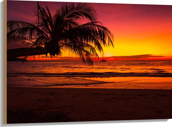 Hout - Silhouet Van Palmboom Hangend Over Het Strand Tijdens Rozekleurige Zonsondergang 100x75 Cm 9 Mm Dik Foto Op Hout