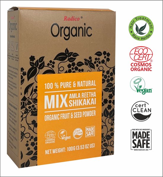 RADICO 100% BIO ORGANIC AMLA, RITHA / REETHA, SHIKAKAI 100% Natuurlijke BIO Organic Anti-Haaruitval, Anti-Roos, Anti-Vergrijzing, Haargroei, Care, Volume, Voedende Haarmasker 7-in-1 met ECOCERT 100g