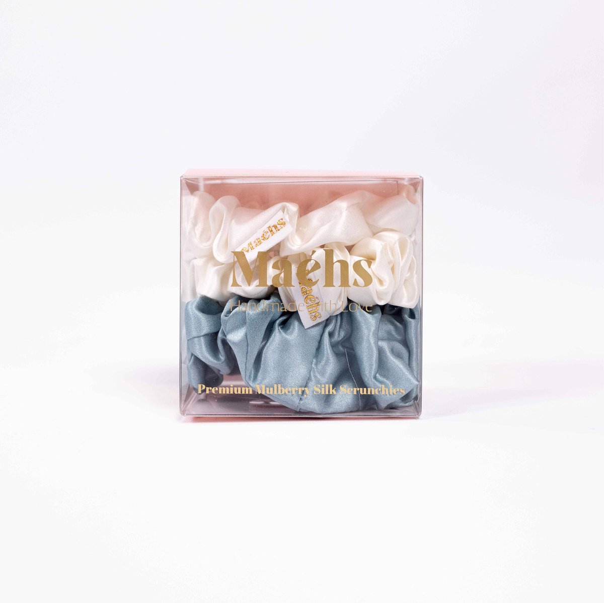Maéhs Set van 3 scrunchies 2x medium en large, haaraccessoires - haarelastiekjes - 100% moerbei zijde, kwaliteit 22 Momme - Kleur ether ivory ether- cadeautip