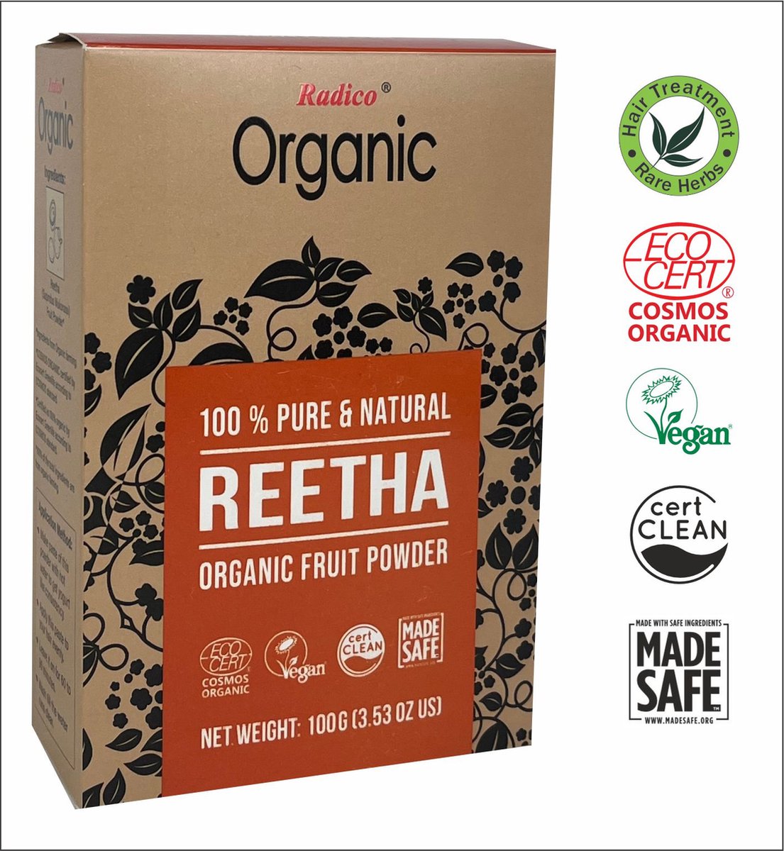 Radico ORGANIC REETHA 100% Natuurlijke BIO Organic Vegan Anti-Roos Haarwas, Hoofdhuidreiniger, Kalmerende, Voedende Poeder Haarmasker, Conditioner en Shampoo 3 in 1 met ECOCERT 100g