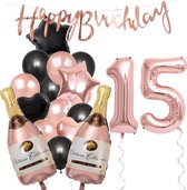 15 Jaar Verjaardag Cijferballon 15 - Feestpakket Snoes Ballonnen Pop The Bottles - Rose Zwart Versiering