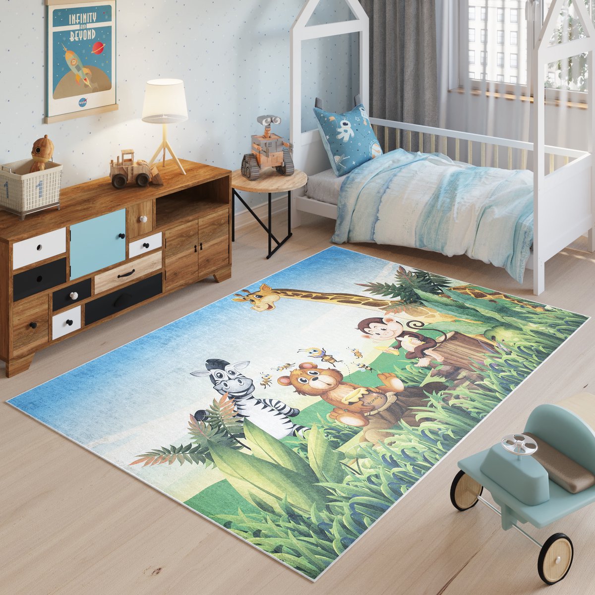 Tapiso Emma Vloerkleed Kinderkamer Kindertapijt Giraffe Aap Zebra Tapijt Maat- 140x200 Blauw Groen 2