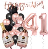 41 Jaar Verjaardag Cijferballon 41 - Feestpakket Snoes Ballonnen Pop The Bottles - Rose Zwart Versiering