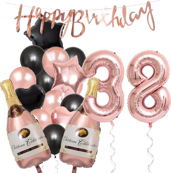 38 Jaar Verjaardag Cijferballon 38 - Feestpakket Snoes Ballonnen Pop The Bottles - Rose Zwart Versiering