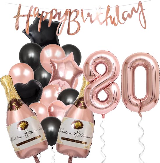80 Jaar Verjaardag Cijferballon 80 - Feestpakket Snoes Ballonnen Pop The Bottles - Rose Zwart Versiering