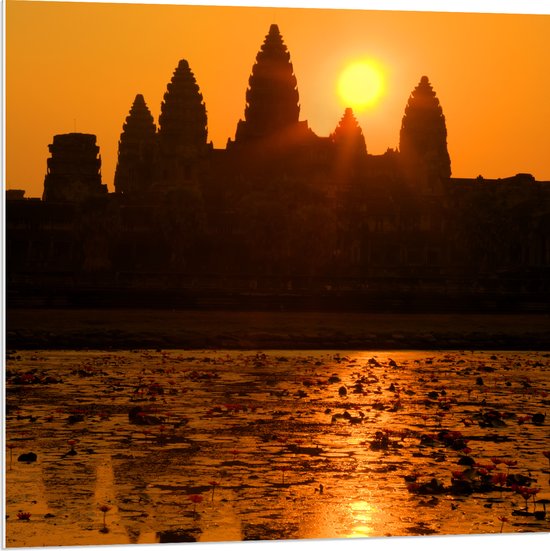 PVC Schuimplaat- Silhouet van Angkor Wat Tempel in Siem Reap, Cambodja - 80x80 cm Foto op PVC Schuimplaat
