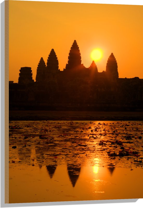 Hout - Silhouet van Angkor Wat Tempel in Siem Reap, Cambodja - 60x90 cm - 9 mm dik - Foto op Hout (Met Ophangsysteem)