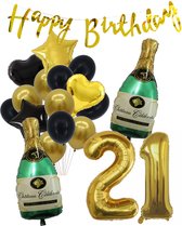 21 Jaar Verjaardag Cijferballon 21 - Feestpakket Snoes Ballonnen Pop The Bottles - Zwart Goud Groen Versiering