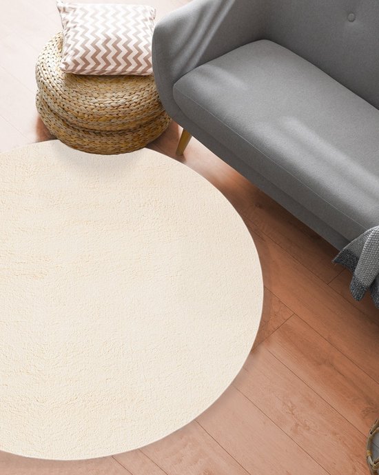 Karpet24 Loft modern pluizig laagpolig tapijt, antislip onderkant, wasbaar tot 30 graden, heerlijk zacht, bontlook, cream-Ø 200 cm