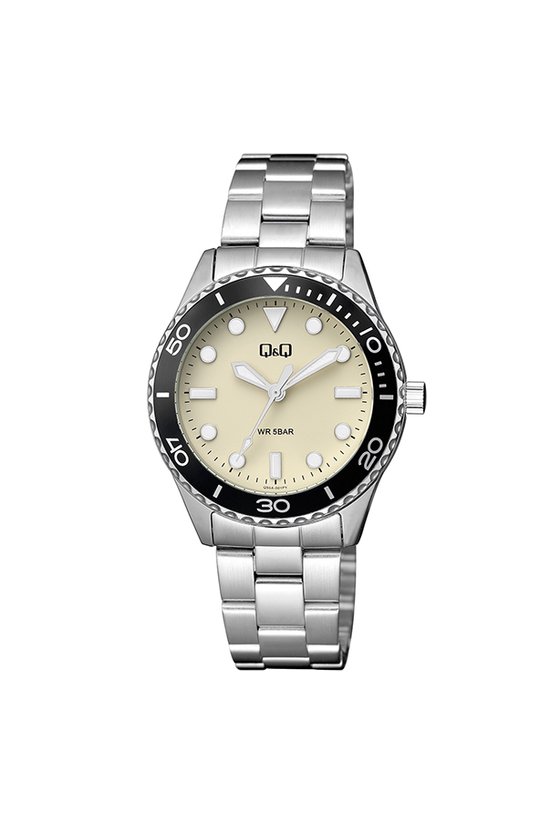 Q&Q Q55A-001PY - Horloge - Analoog - Dames - Vrouwen - stalen band - Rond - Metaal - Stippen - Zilverkleurig - Zwart - Crème - Wit - 5 ATM