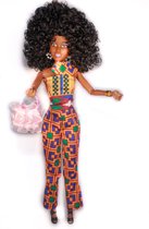 Akazidolls Imara - Zwarte - barbie - pop - afro krullen - Afrikaanse kleding- Modepop