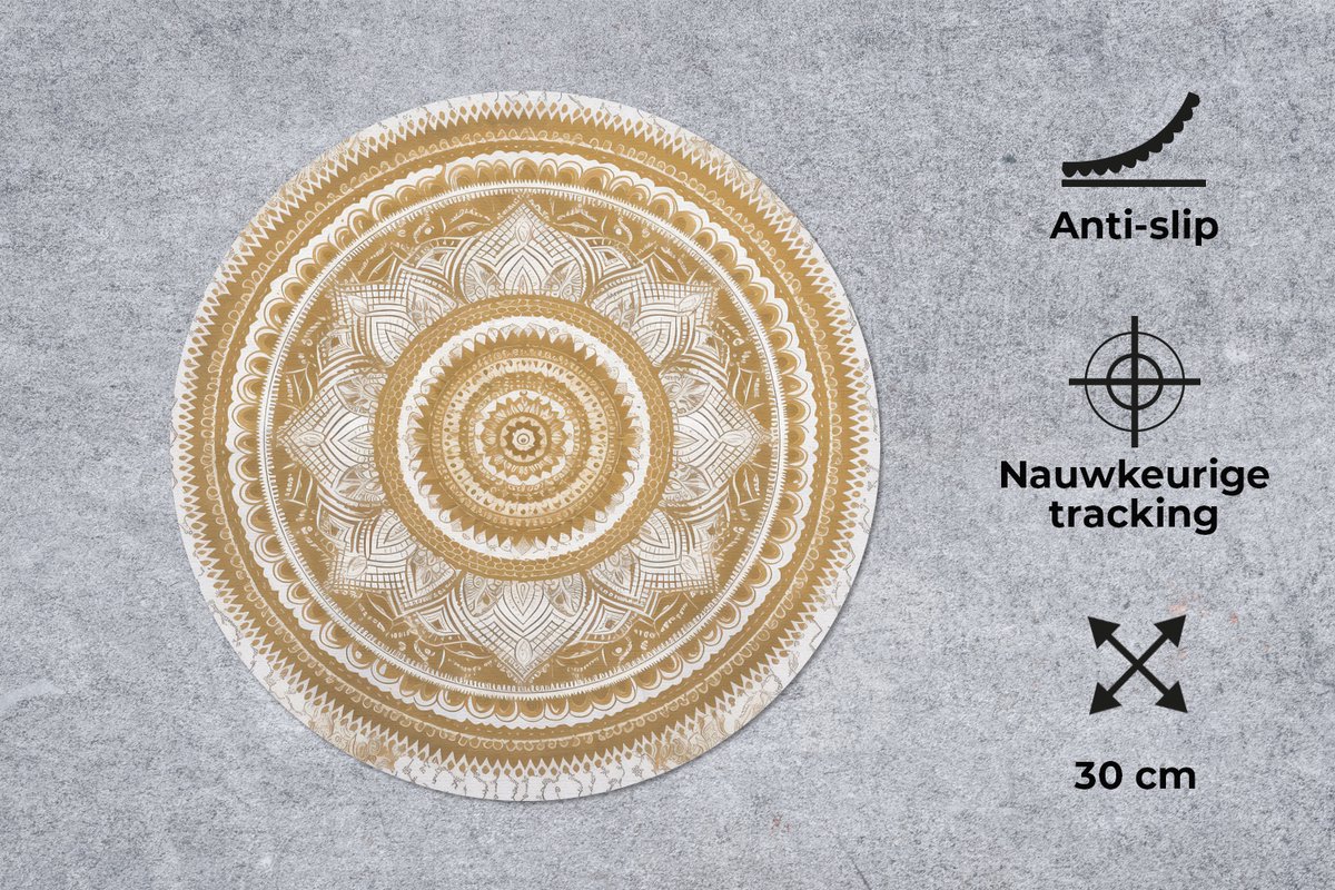 Muismat rond 30x30 cm - Mousepad Mandala - Bloemen - Goud - Wit - Design - Ronde muismatten