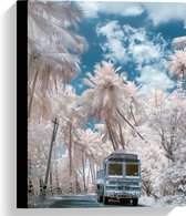 Canvas - Wit Busje Rijdend tussen de Witte Palmbomen onder Schapenwolken - 30x40 cm Foto op Canvas Schilderij (Wanddecoratie op Canvas)