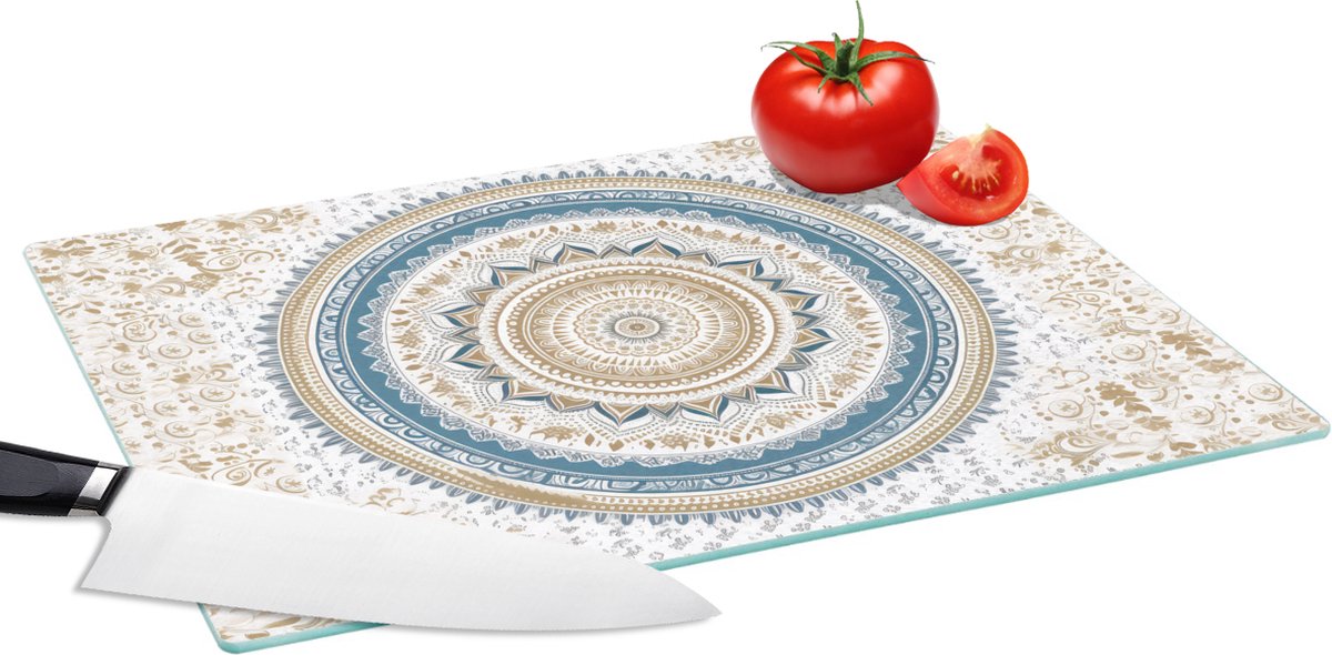 Glazen Snijplank - 39x28 - Mandala - Blauw - Bohemian - Wit - Design - Snijplanken Glas