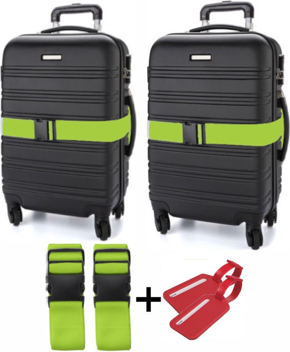 CADEBO 2x Kofferriemen + 2x Bagagelabels - 180 cm * 5 cm - Verstelbaar - Geschikt voor iedere koffer - Lime Rood