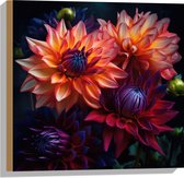 Hout - Boeket van Oranje en Paarse Bloemen - 50x50 cm - 9 mm dik - Foto op Hout (Met Ophangsysteem)