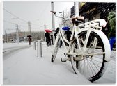 PVC Schuimplaat- Fiets Geparkeerd in Stad tijdens Sneeuwbui - 40x30 cm Foto op PVC Schuimplaat