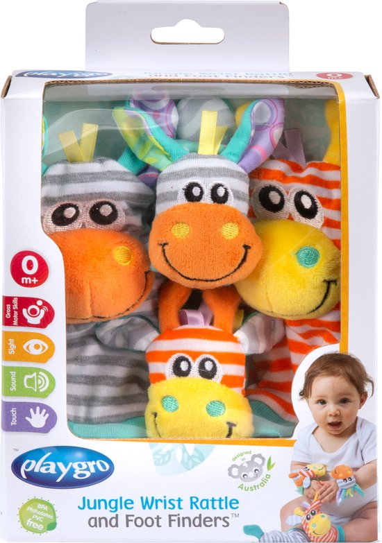 Playgro Jungle Pols- en Voetrammelaarset Zebra & Giraf - Set van 4 stuks, 2 polsbandjes en 2 rammelsokjes