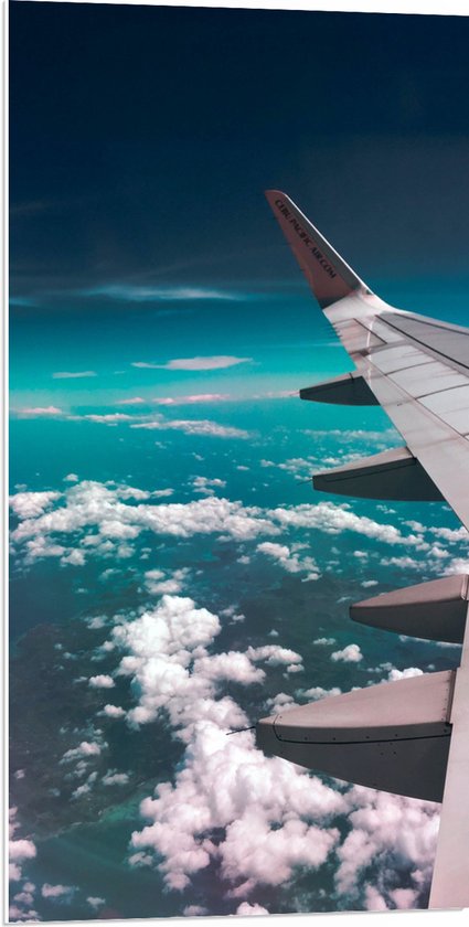 PVC Schuimplaat- Vleugel van Passagiersvliegtuig Vliegend Boven Schapenwolken - 50x100 cm Foto op PVC Schuimplaat