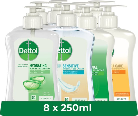 Dettol - 2L Handzeep - Antibacterieel - Aloe Vera 2x250ml - Orginal 2x250 - Gevoelige Huid 2x250 - LHS care+ Honing/Shea Droog 2x250 - Voordeelverpakking
